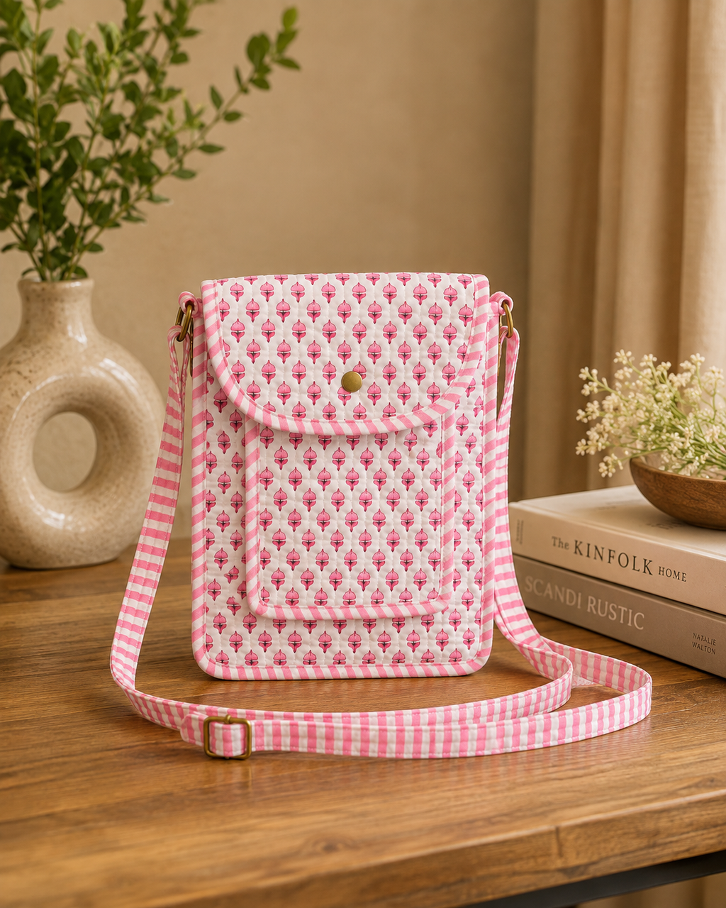 Pink Floral Hand Block Print Quilted Sling Bag