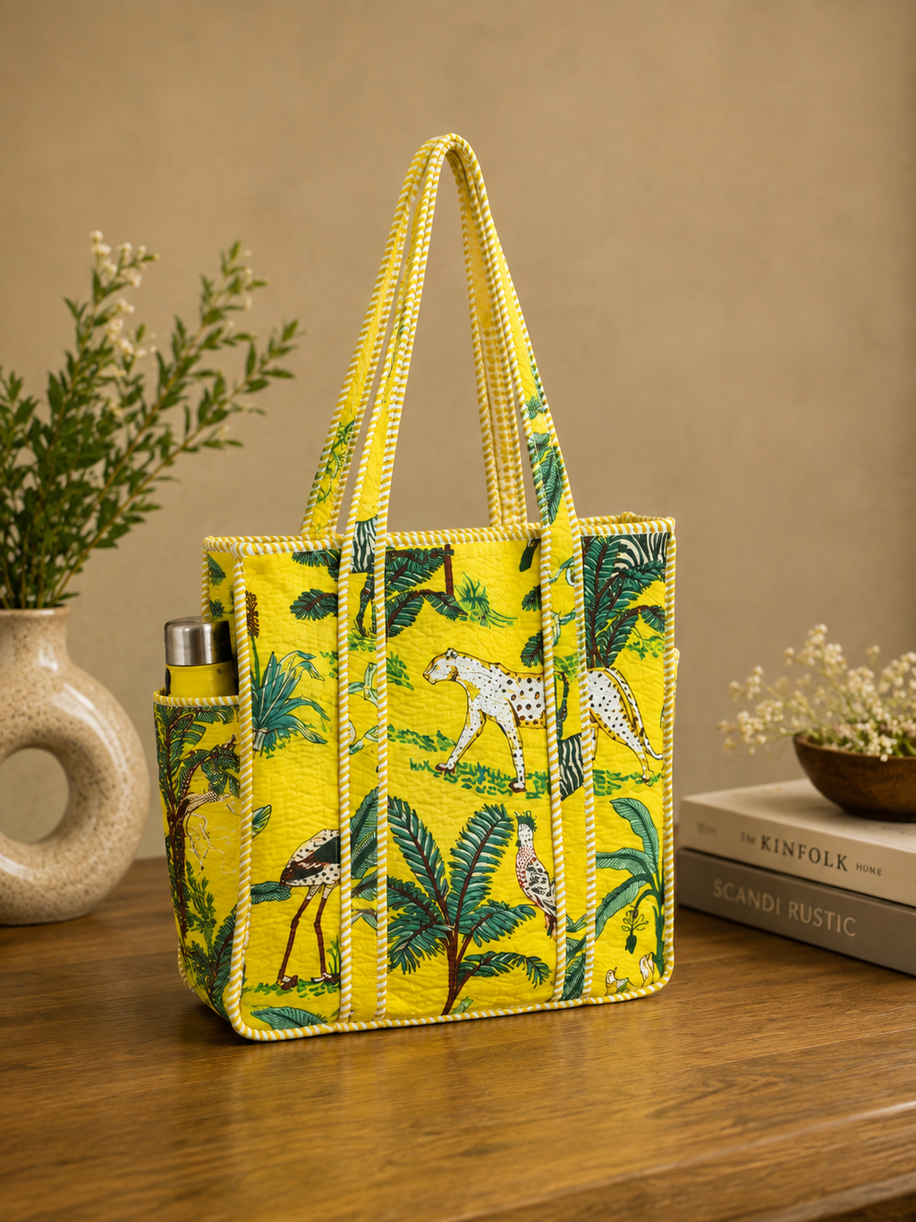 Neon Yellow Hand Block Printed Quilted Tote Bag