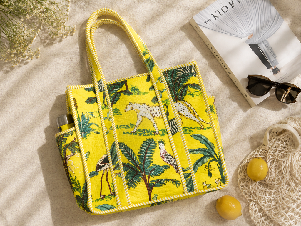Neon Yellow Hand Block Printed Quilted Tote Bag