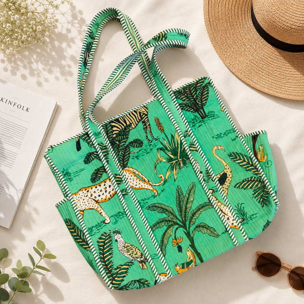 Sea Green Hand Block Print Quilted Tote Bag