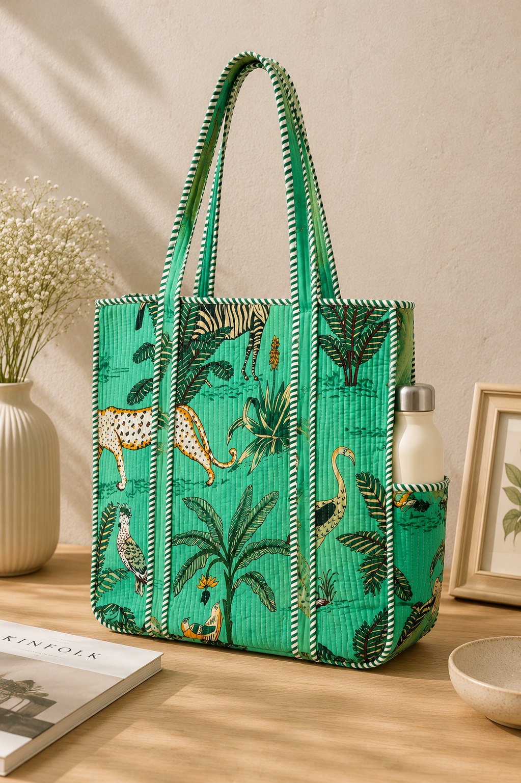 Sea Green Hand Block Print Quilted Tote Bag