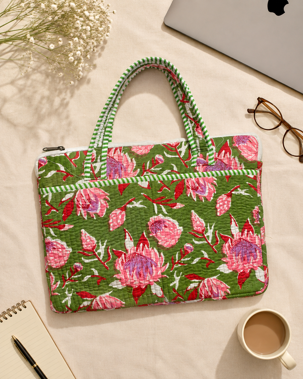 Olive Green Bagru Block Print Quilted Laptop Bag