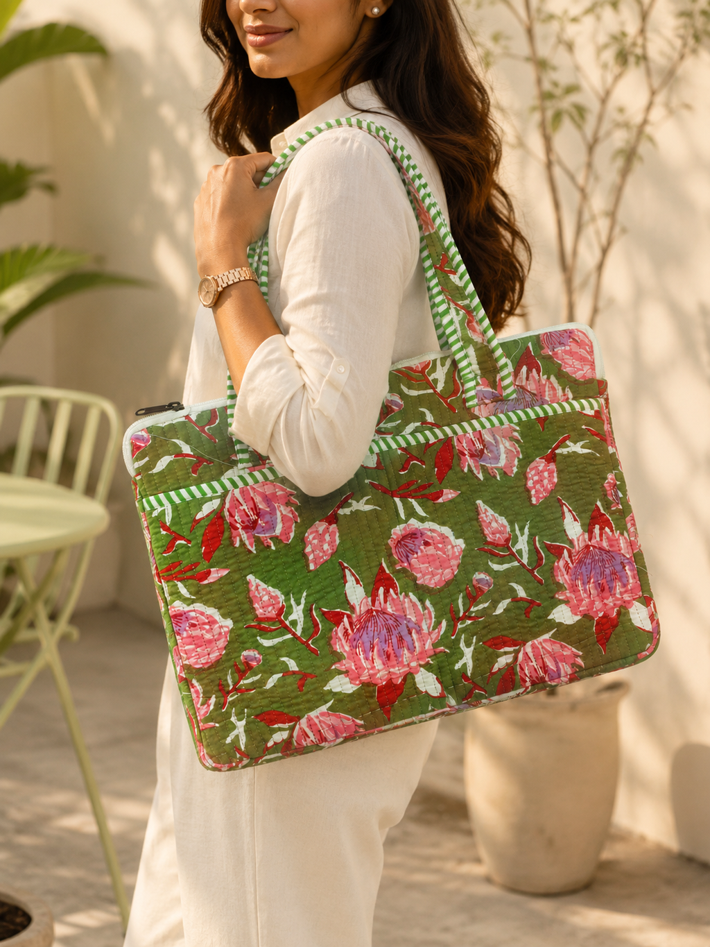 Olive Green Bagru Block Print Quilted Laptop Bag