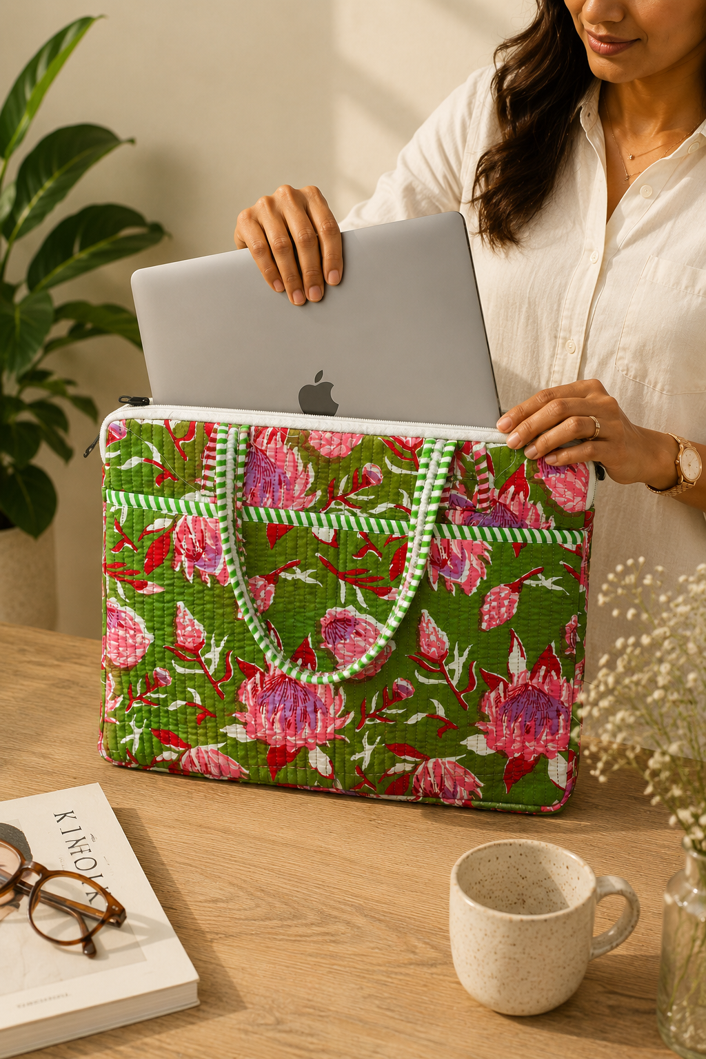 Olive Green Bagru Block Print Quilted Laptop Bag