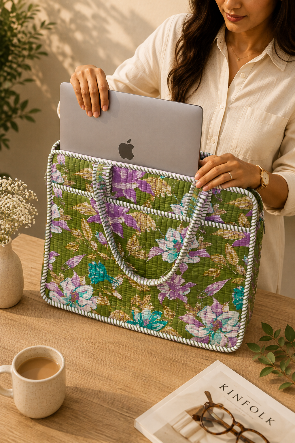 Light Green Hand Block Print Quilted Laptop Bag