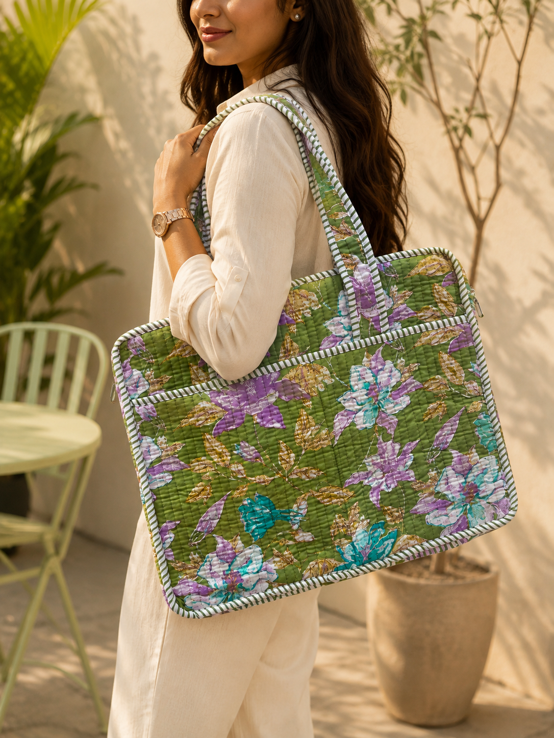 Light Green Hand Block Print Quilted Laptop Bag
