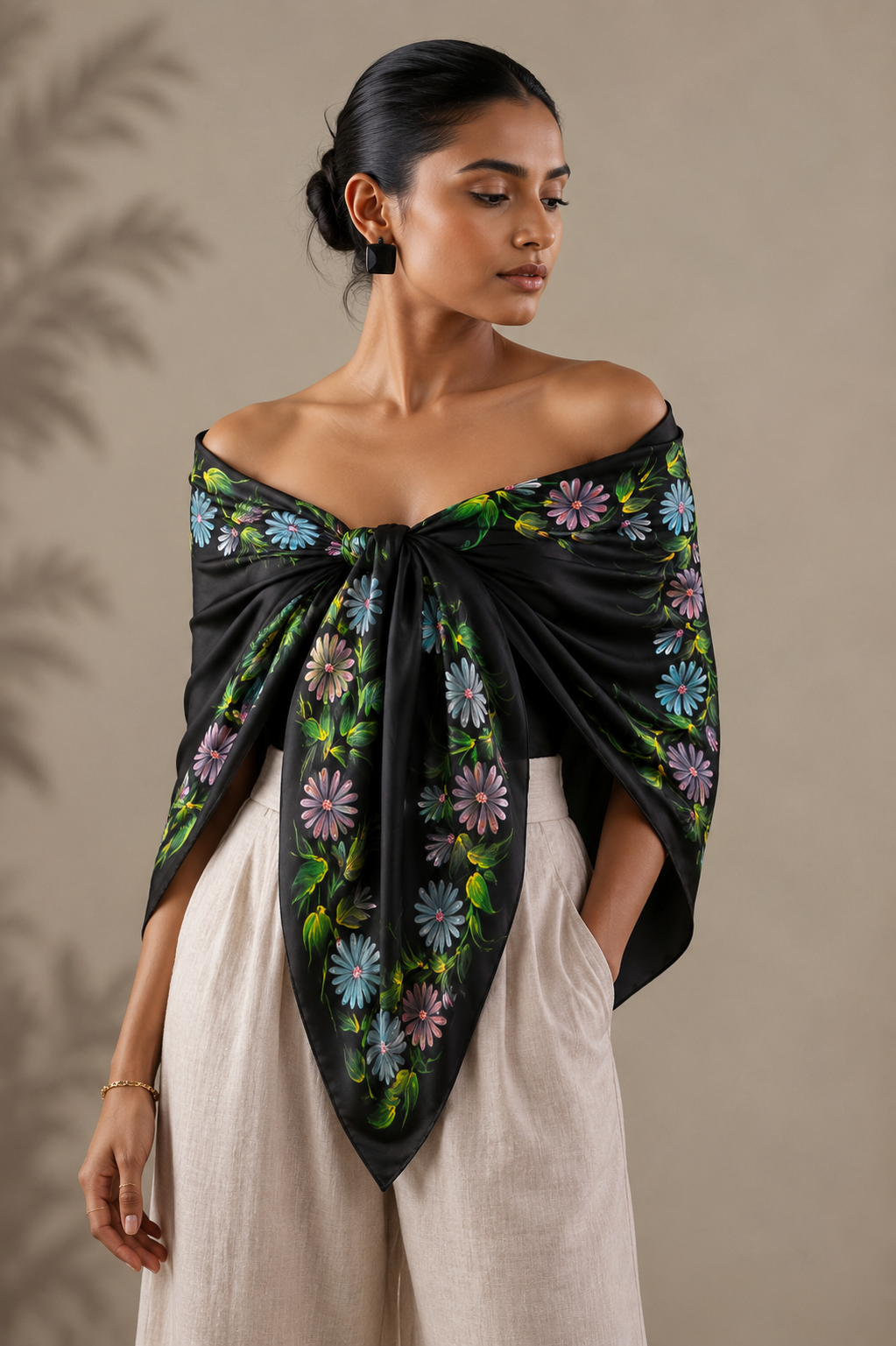 Black Satin Hand-Painted Scarf