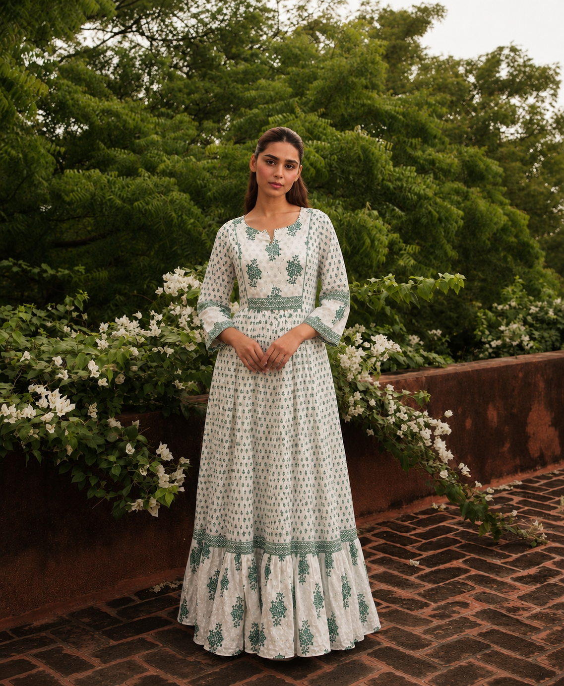 White Pure Cotton Dress with Sea green Sanganeri Print