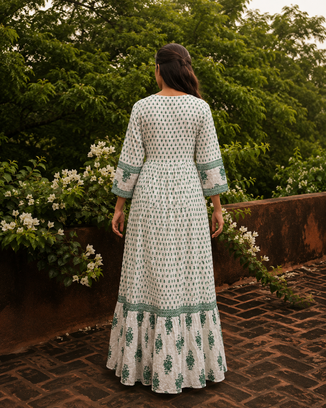 White Pure Cotton Dress with Sea green Sanganeri Print