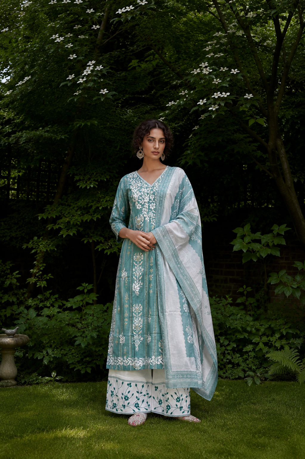 Sea Green Pure Cotton Printed Embroidered Kurta Set