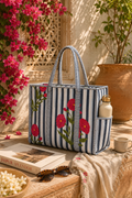 White Floral Hand Block Print Quilted Tote Bag