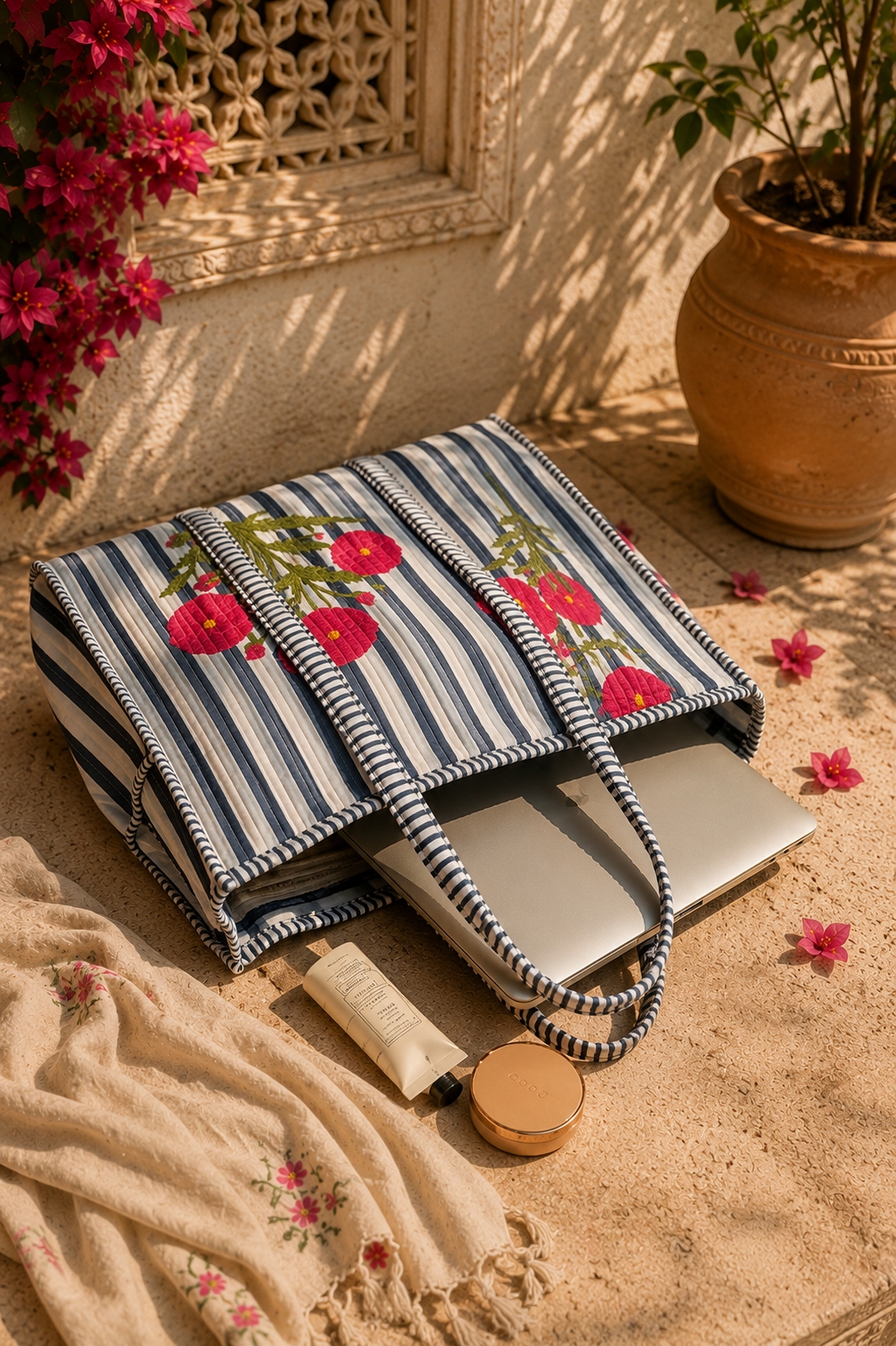 White Floral Hand Block Print Quilted Tote Bag