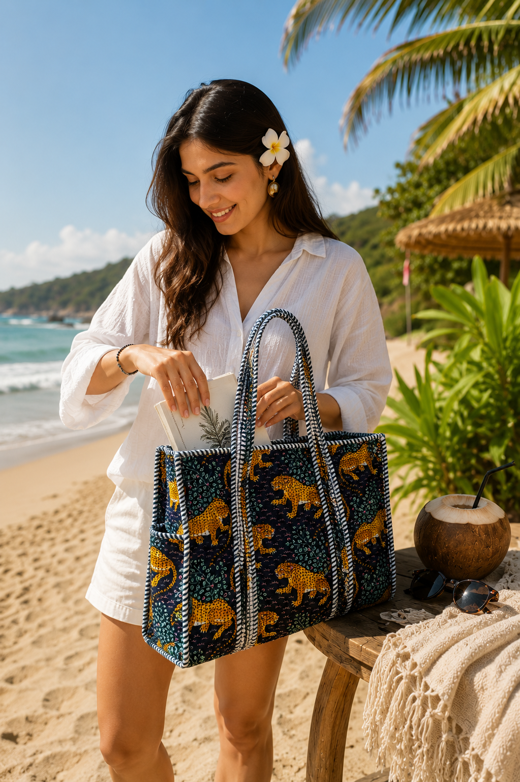Dark Blue Hand Block Print Quilted Tote Bag