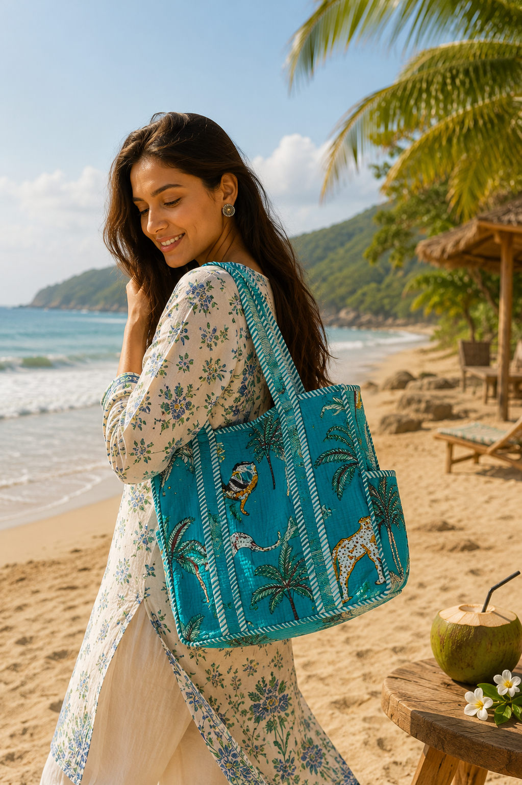 Turquoise Blue Hand Block Print Quilted Tote Bag