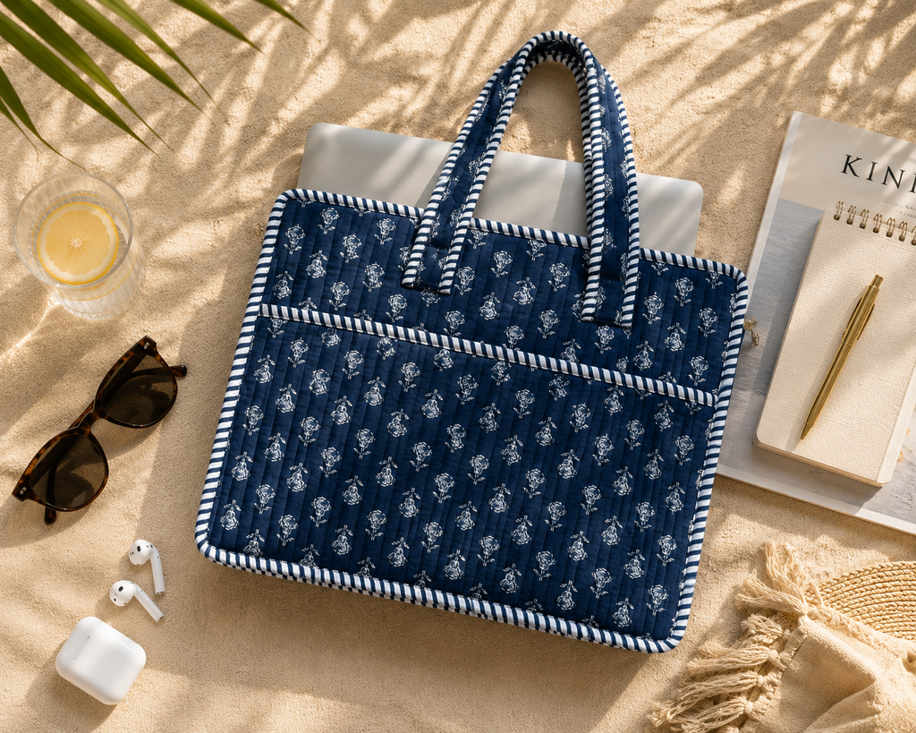 Indigo Blue Hand Block Print Quilted Laptop Bag