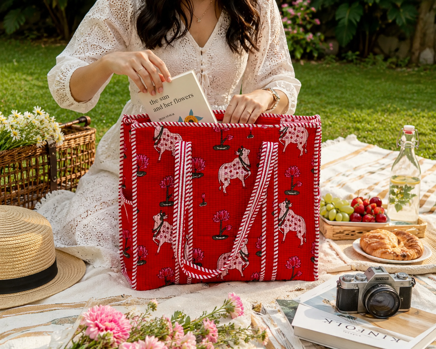 Red Hand Block Print Quilted Tote Bag