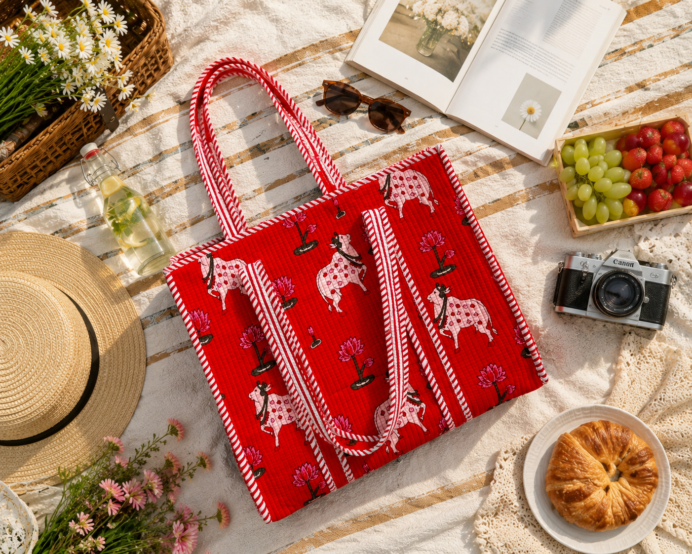Red Hand Block Print Quilted Tote Bag
