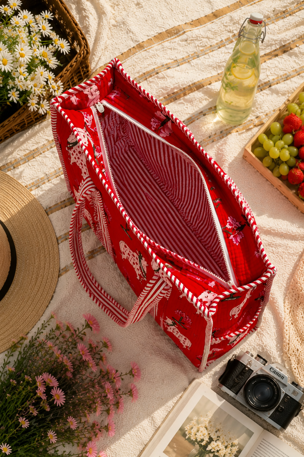 Red Hand Block Print Quilted Tote Bag