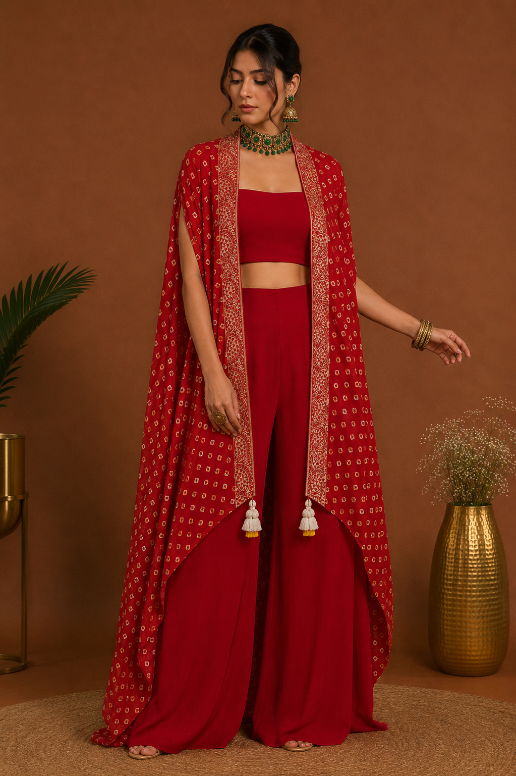 Red Bandhani Silk Jacquard Shrug Handcrafted