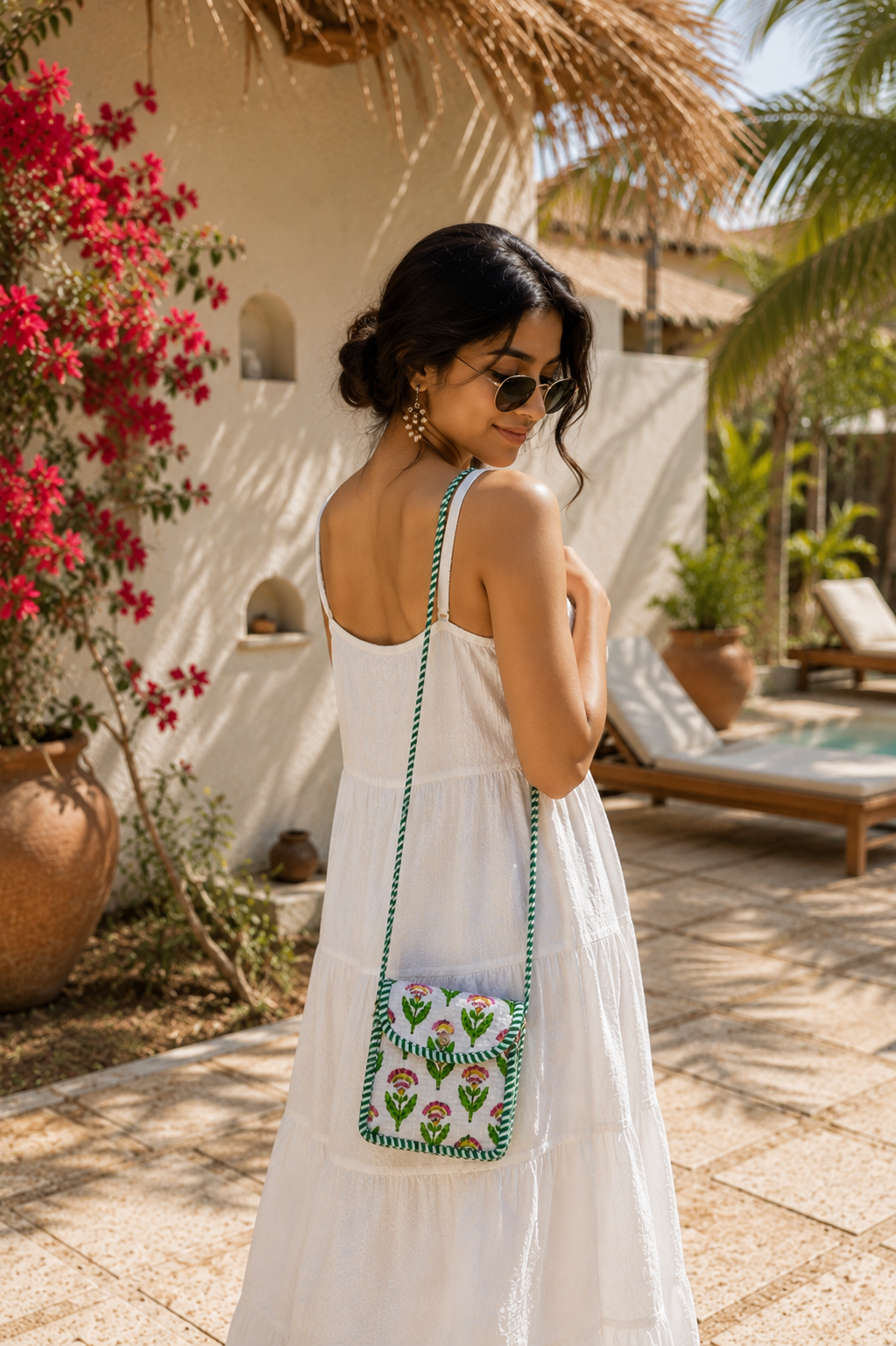 White & Green Floral Hand Block Print Quilted Sling Bag