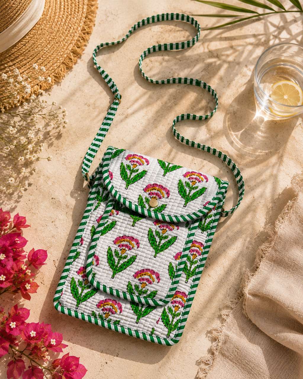 White & Green Floral Hand Block Print Quilted Sling Bag