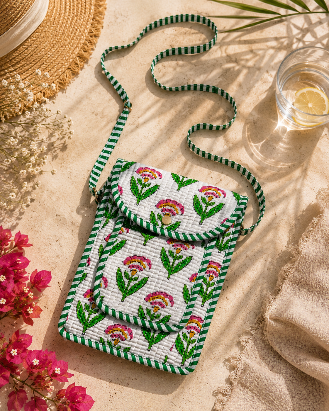 White & Green Floral Hand Block Print Quilted Sling Bag