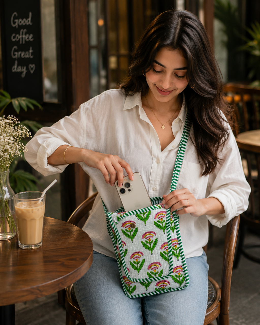 White & Green Floral Hand Block Print Quilted Sling Bag