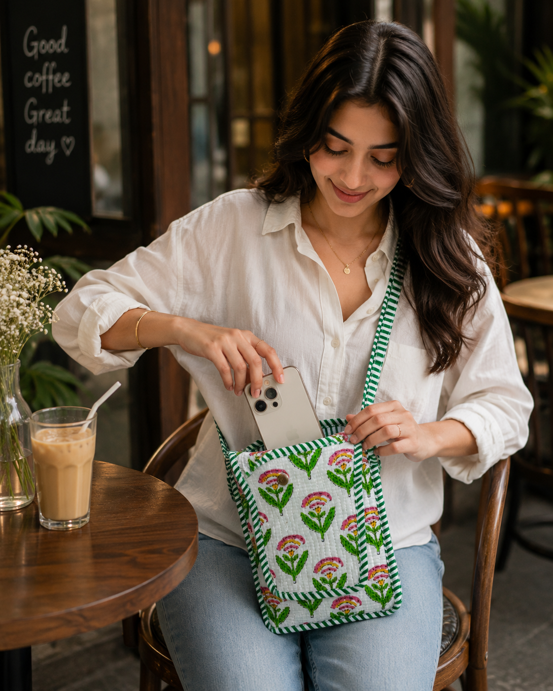 White & Green Floral Hand Block Print Quilted Sling Bag