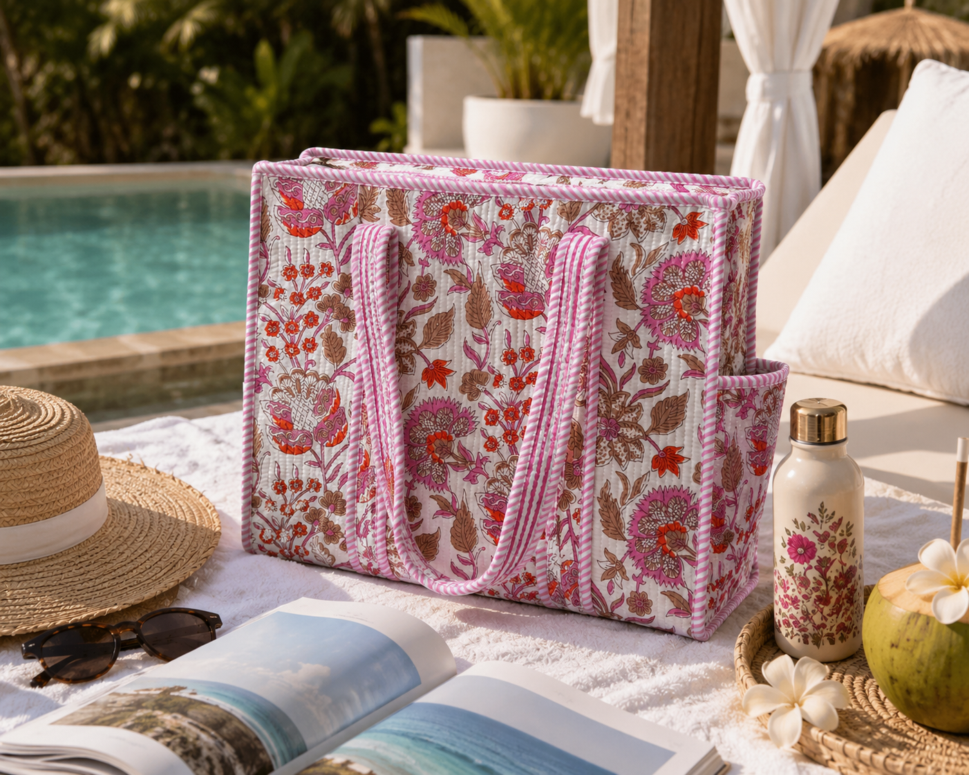 White & Pink Hand Block Print Quilted Tote Bag