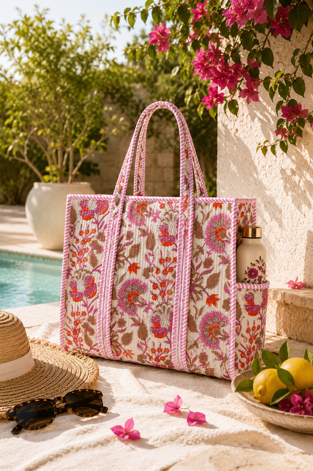 White & Pink Hand Block Print Quilted Tote Bag
