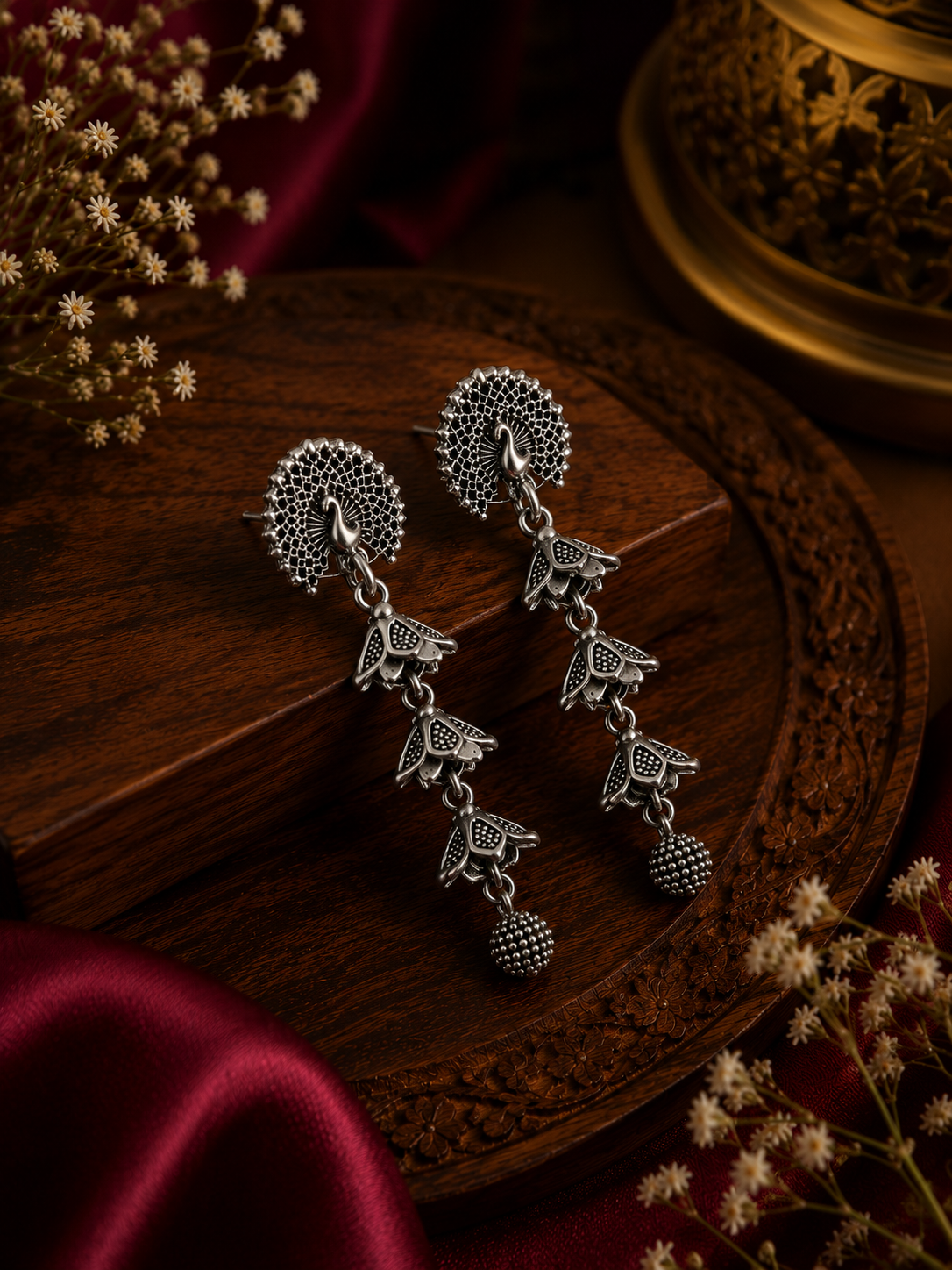 Oxidised Peacock Floral Dangler Earrings