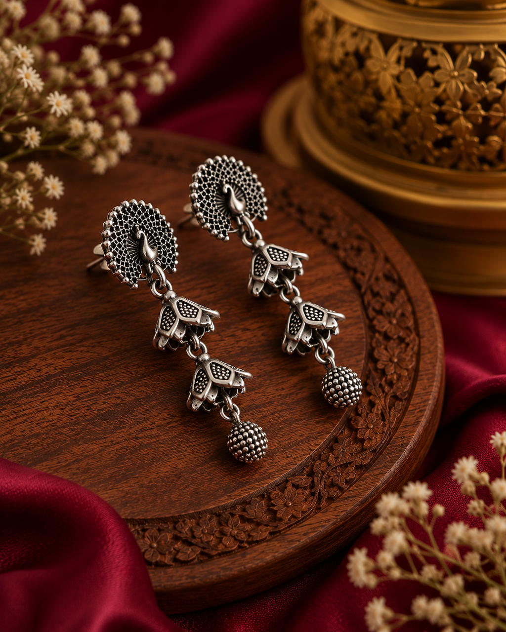Oxidised Peacock Floral Dangler Earrings