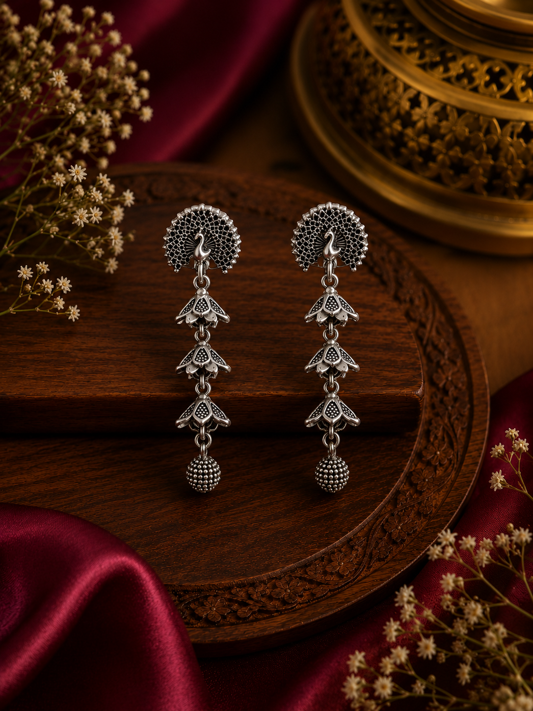 Oxidised Peacock Floral Dangler Earrings