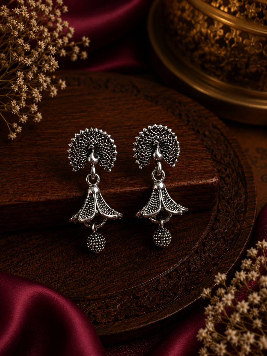 Oxidised Peacock Drop Earrings