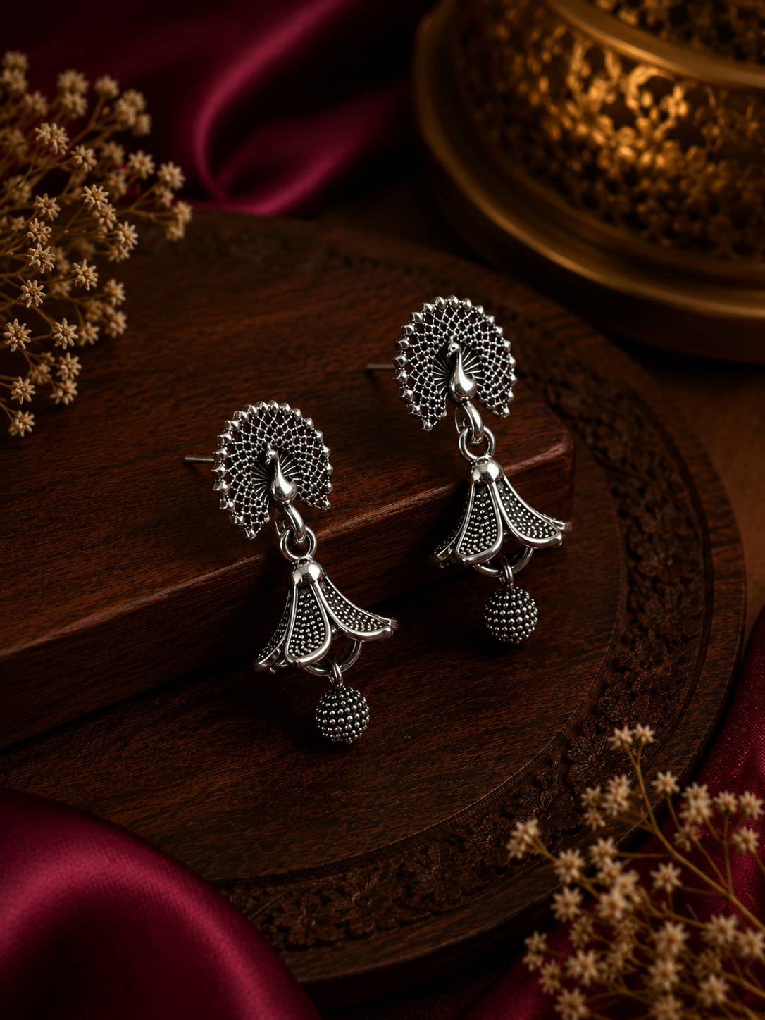 Oxidised Peacock Drop Earrings