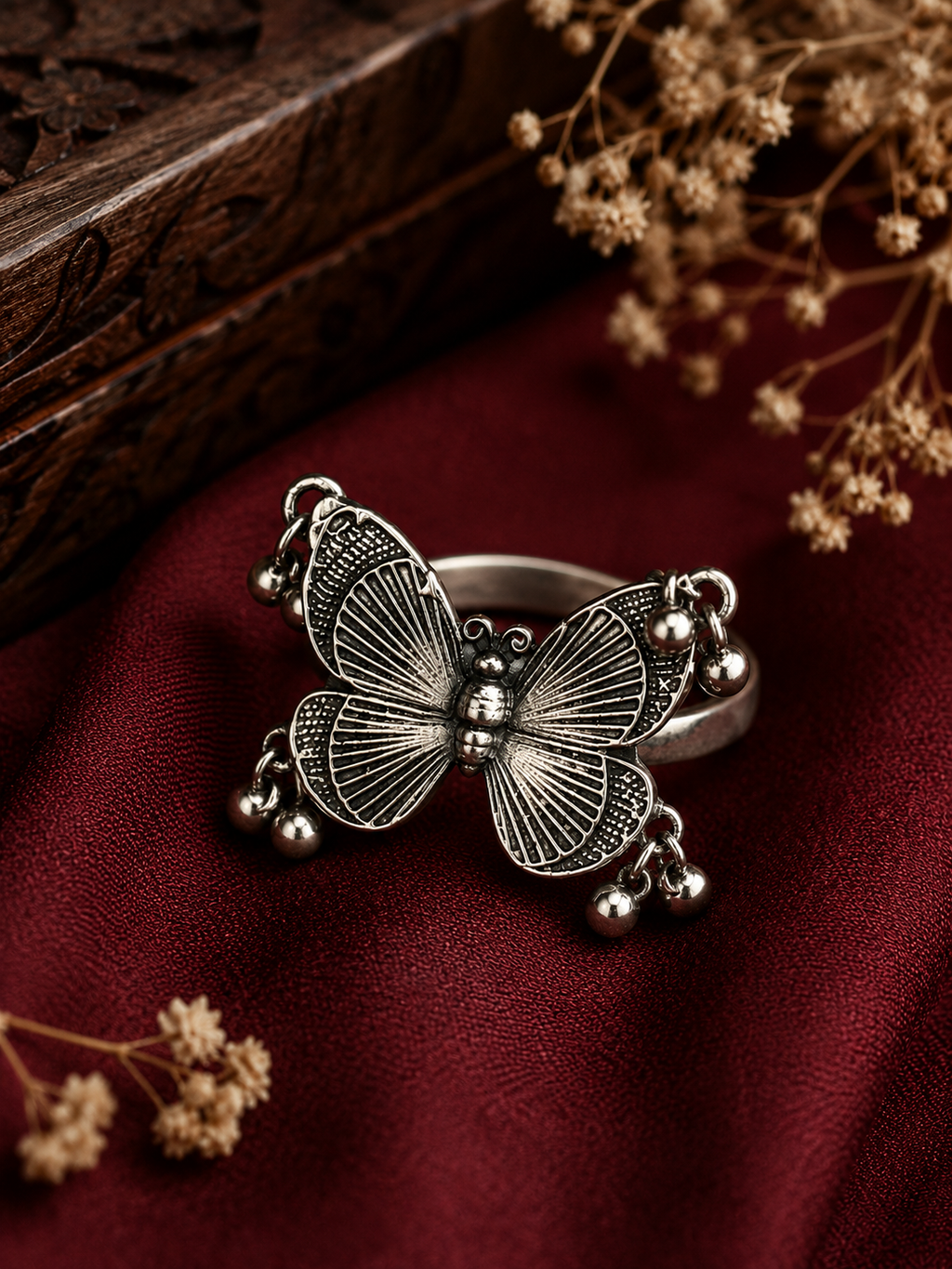 Oxidised Butterfly Adjustable Statement Ring