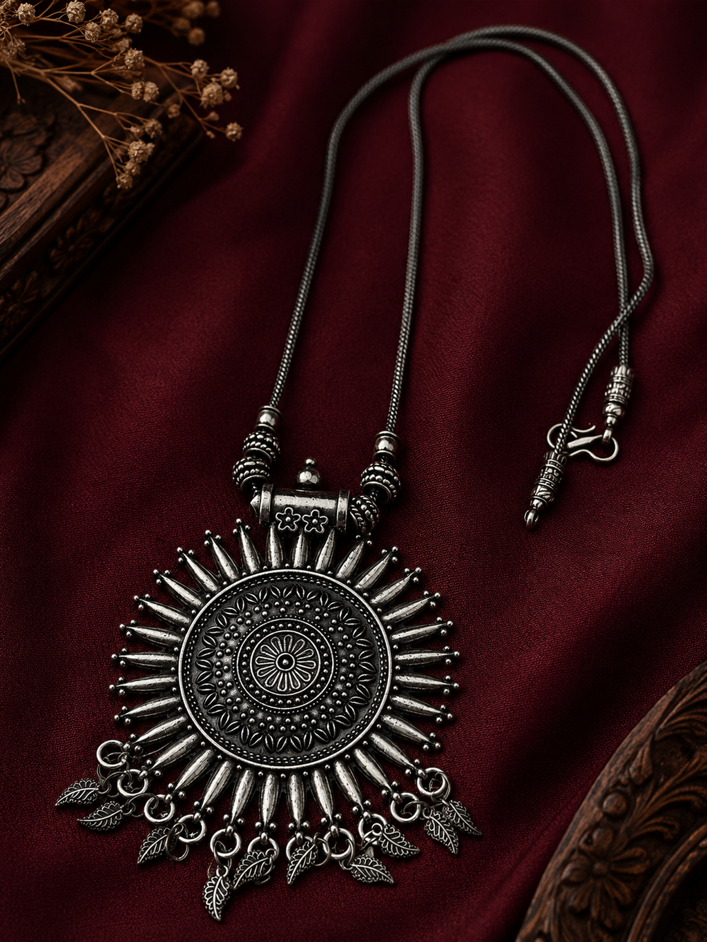 Oxidised Sunburst Pendant Necklace