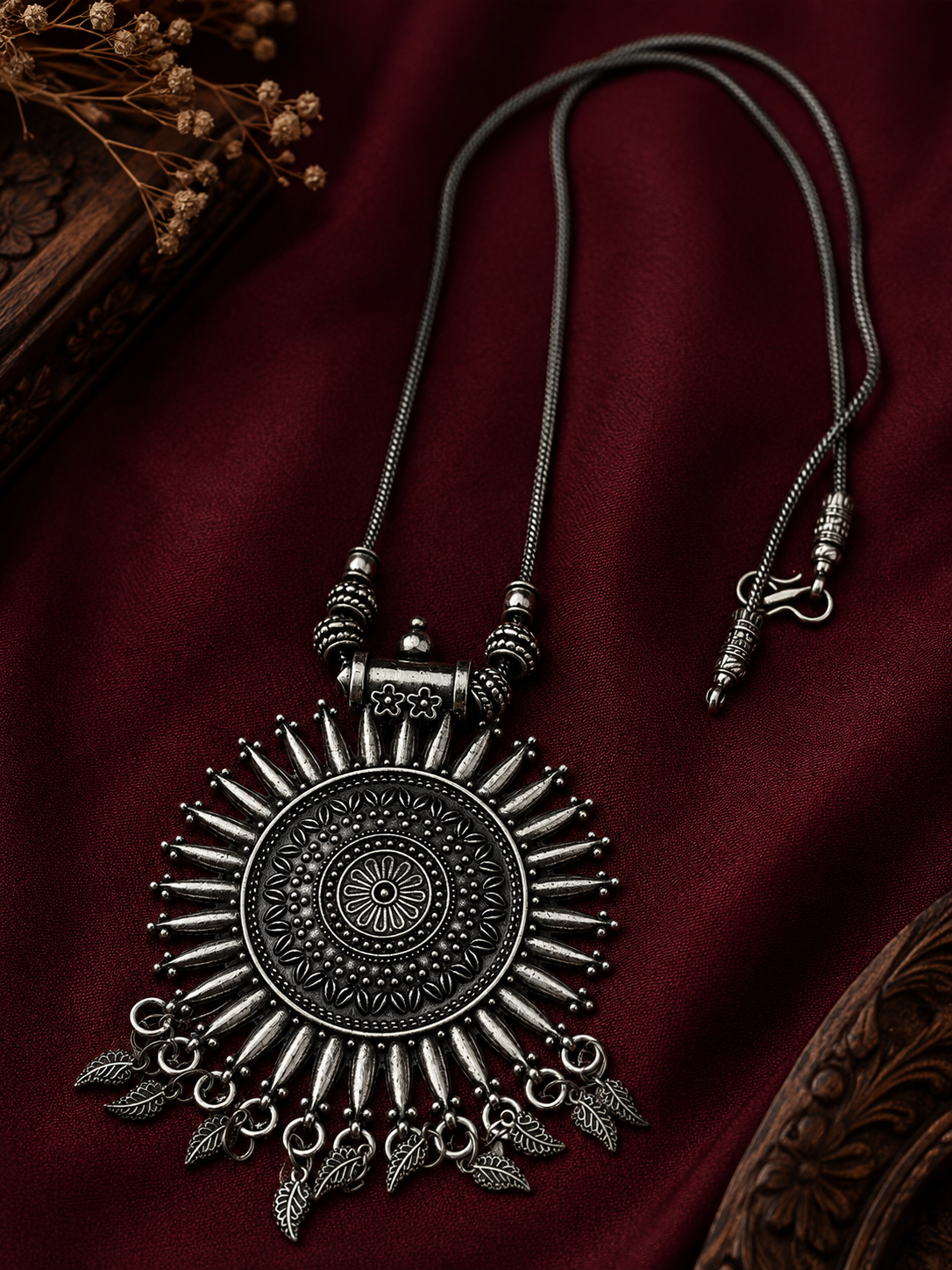 Oxidised Sunburst Pendant Necklace