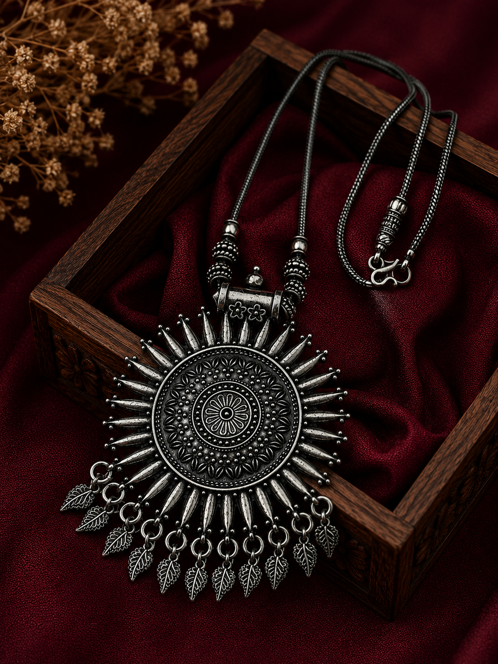 Oxidised Sunburst Pendant Necklace