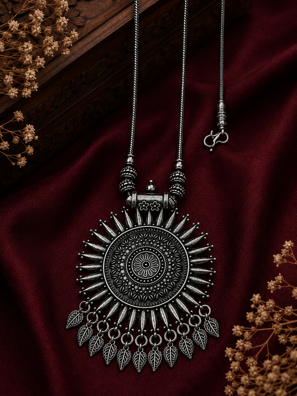 Oxidised Sunburst Pendant Necklace
