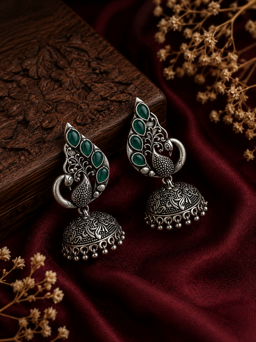Oxidised Green Emrald Peacock Jhumka Earrings