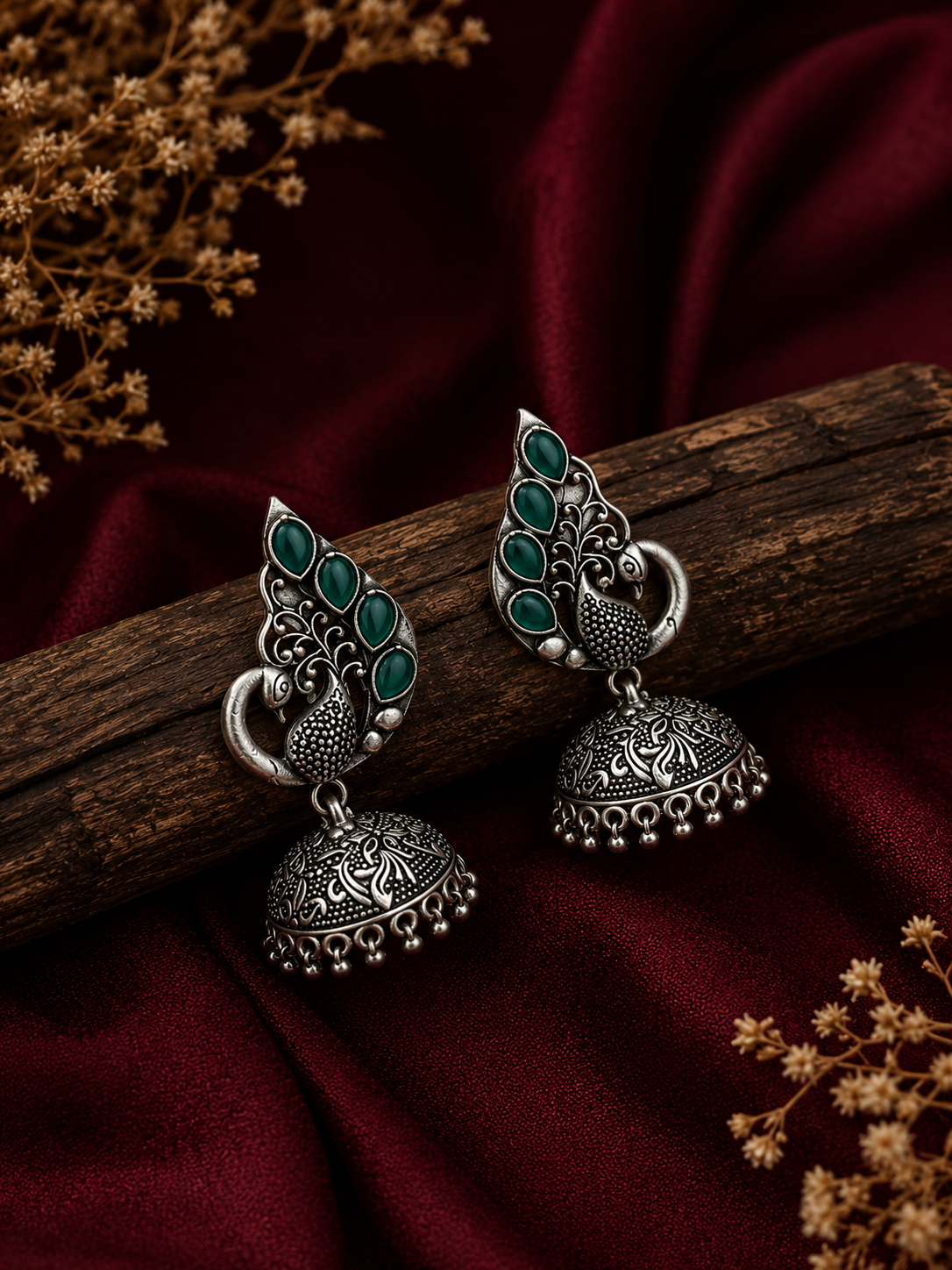 Oxidised Green Emrald Peacock Jhumka Earrings