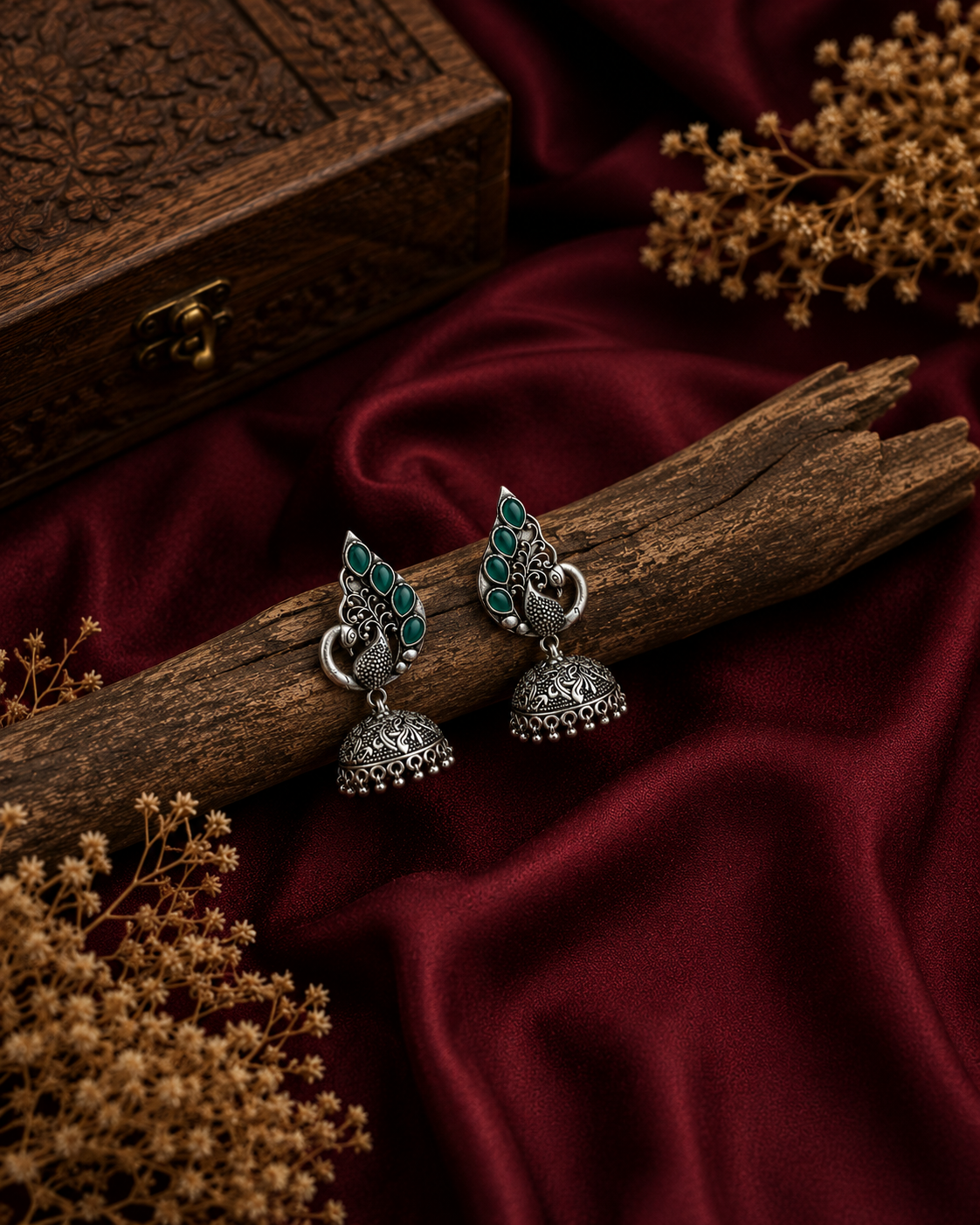 Oxidised Green Emrald Peacock Jhumka Earrings