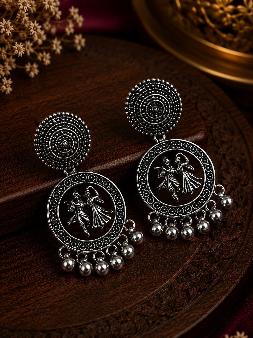 Oxidised Radha Krishna Circular Dangler Earrings