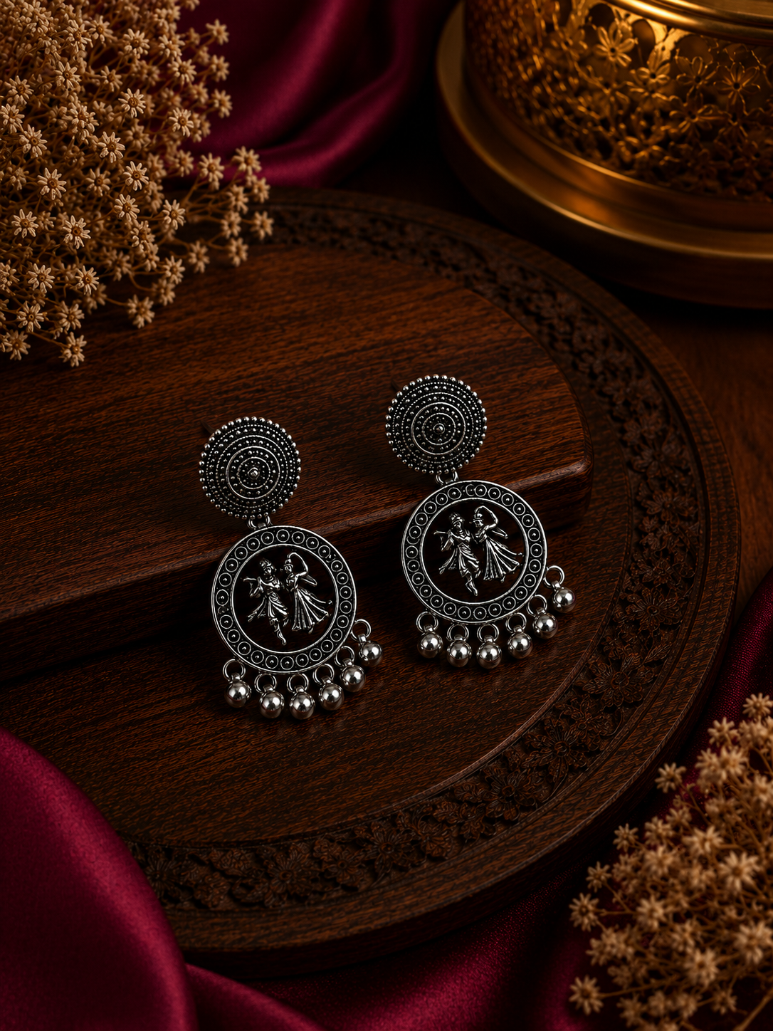 Oxidised Radha Krishna Circular Dangler Earrings