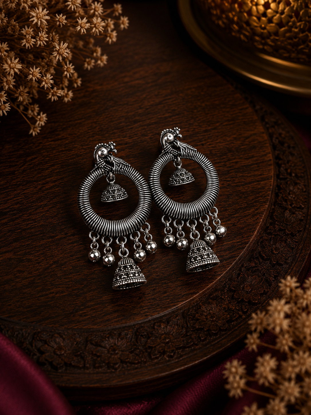 Oxidised Peacock Hoop Jhumka Dangler Earrings