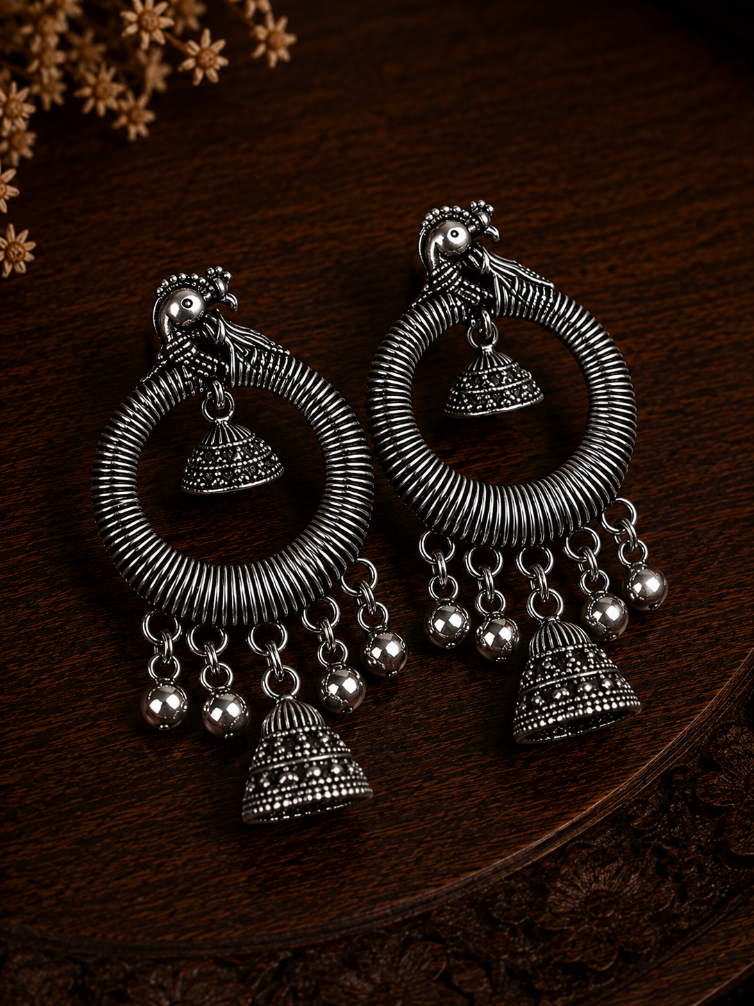 Oxidised Peacock Hoop Jhumka Dangler Earrings