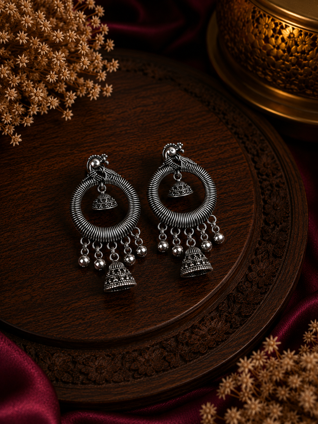Oxidised Peacock Hoop Jhumka Dangler Earrings
