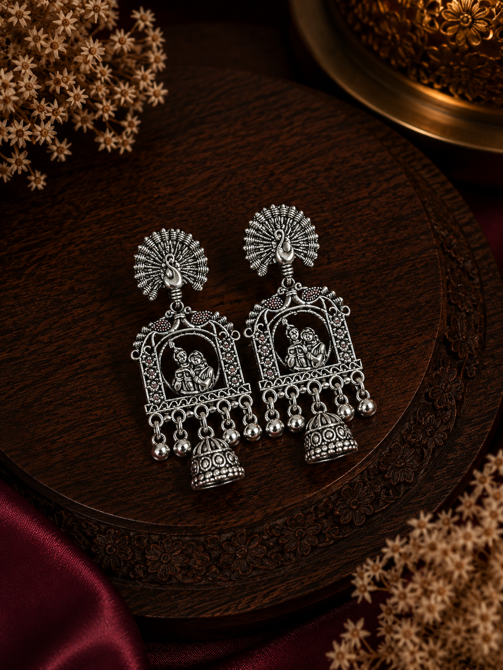 Oxidised Peacock Radha Krishna Jhumka Earrings