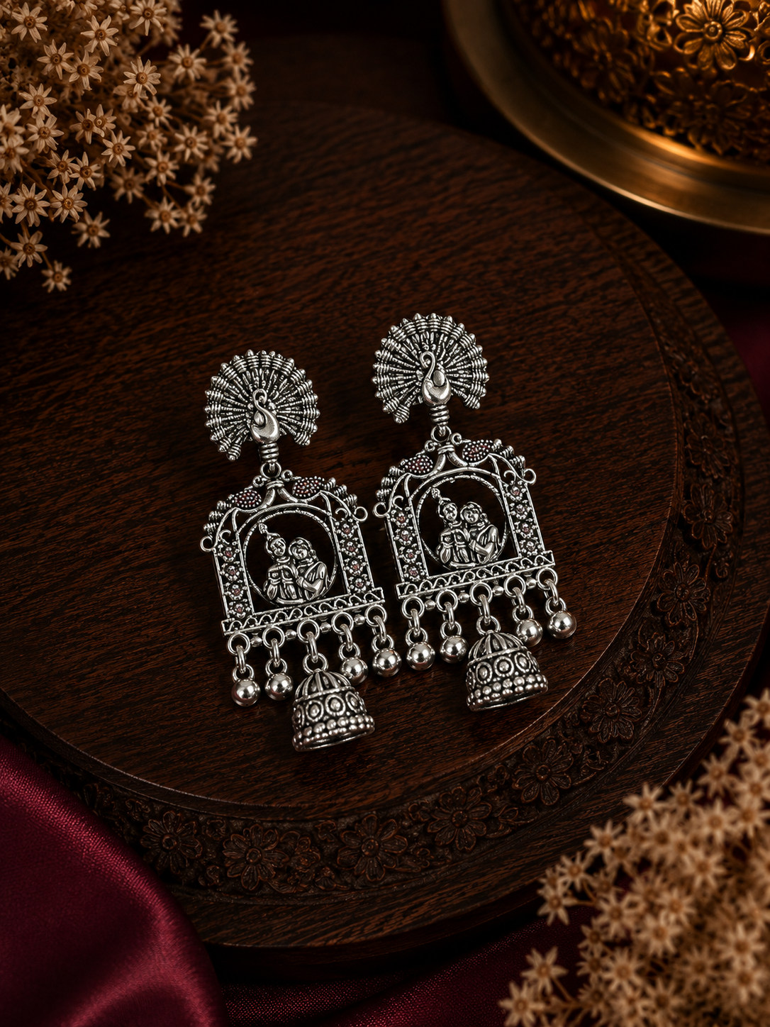 Oxidised Peacock Radha Krishna Jhumka Earrings